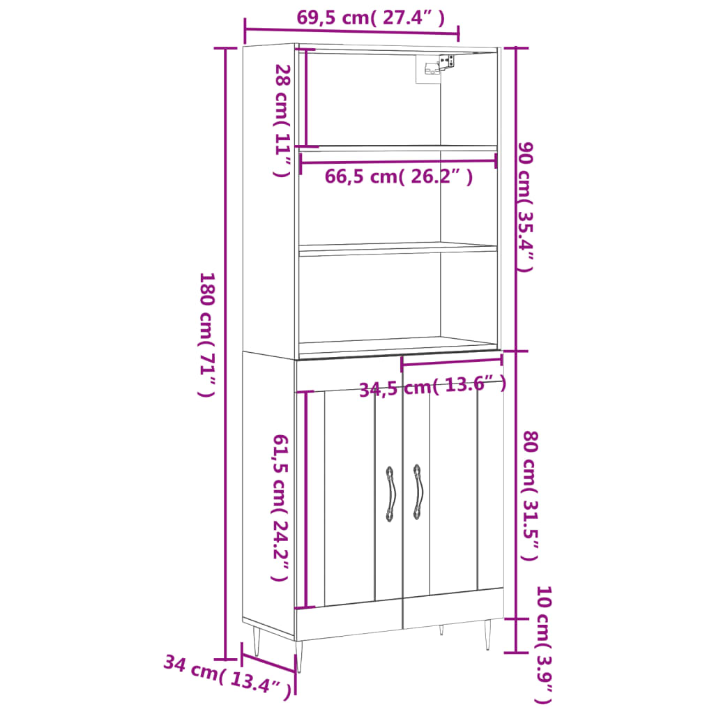 Highboard Betongrau 69,5x34x180 cm Holzwerkstoff