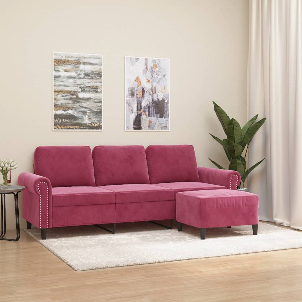 3-Sitzer-Sofa mit Hocker Hellgrau 180 cm Samt