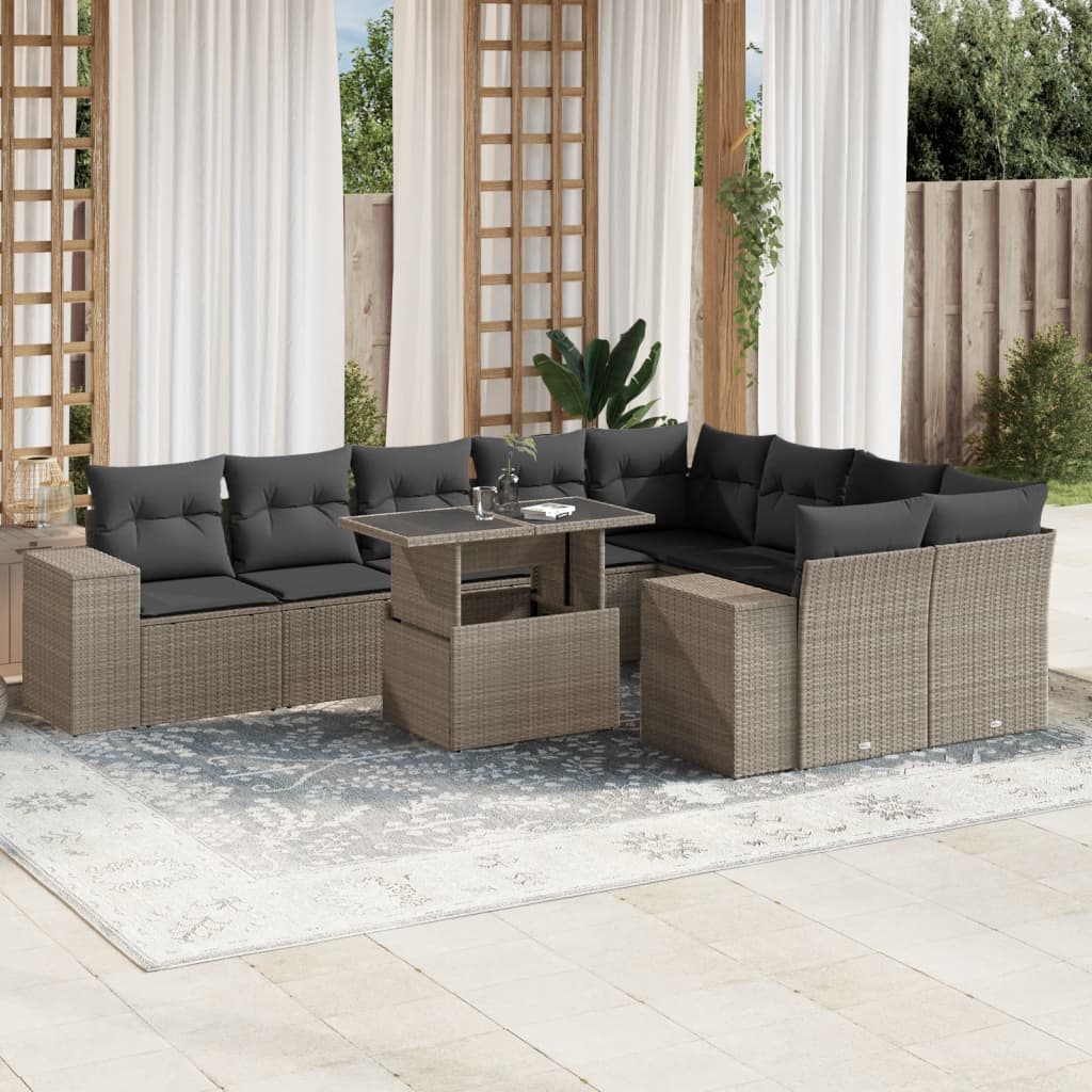 10-tlg. Garten-Sofagarnitur mit Kissen Beige Poly Rattan