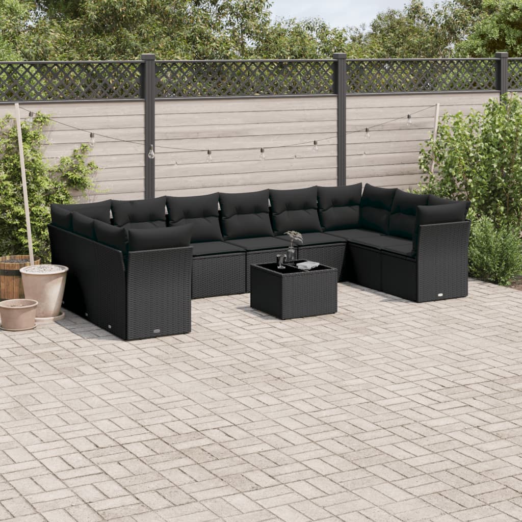 10-tlg. Garten-Sofagarnitur mit Kissen Schwarz Poly Rattan