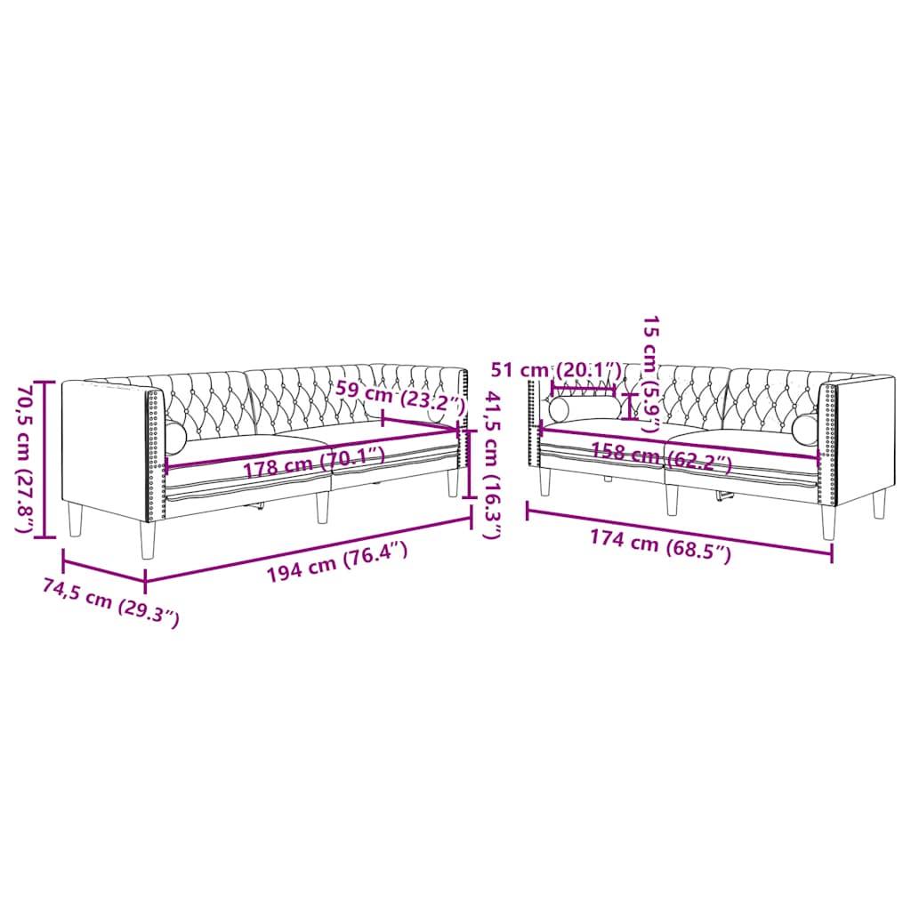 3-tlg. Chesterfield-Sofa-Set mit Nackenrollen Hellgrau Samt