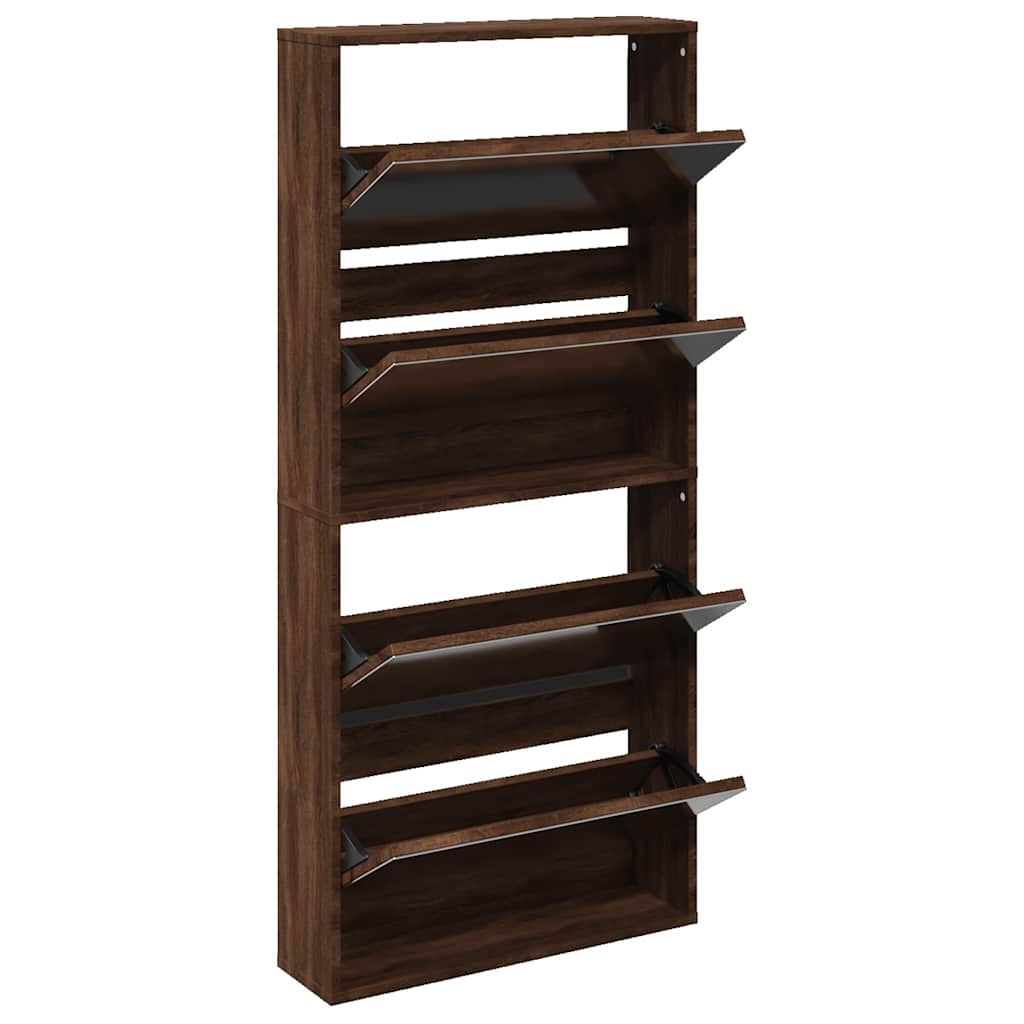 Schuhschrank mit 4 Fächern Spiegel Eiche 63×17×134 cm