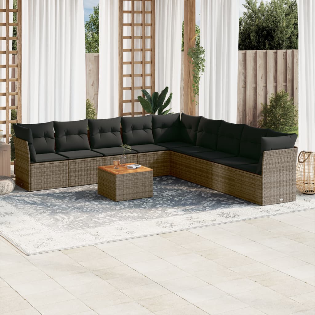 10-tlg. Garten-Sofagarnitur mit Kissen Schwarz Poly Rattan