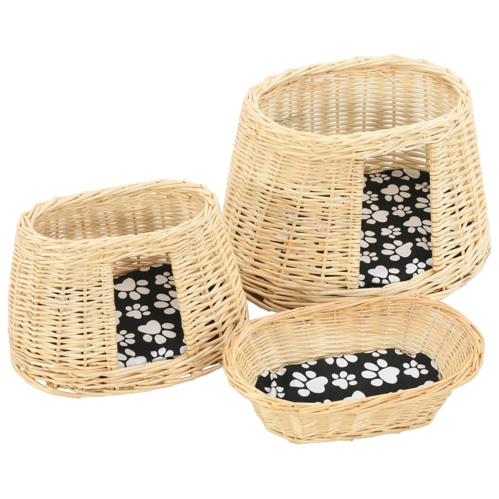 3-tlg. Katzenkorb-Set mit Kissen Grau 47x34x60 cm Natur Weide