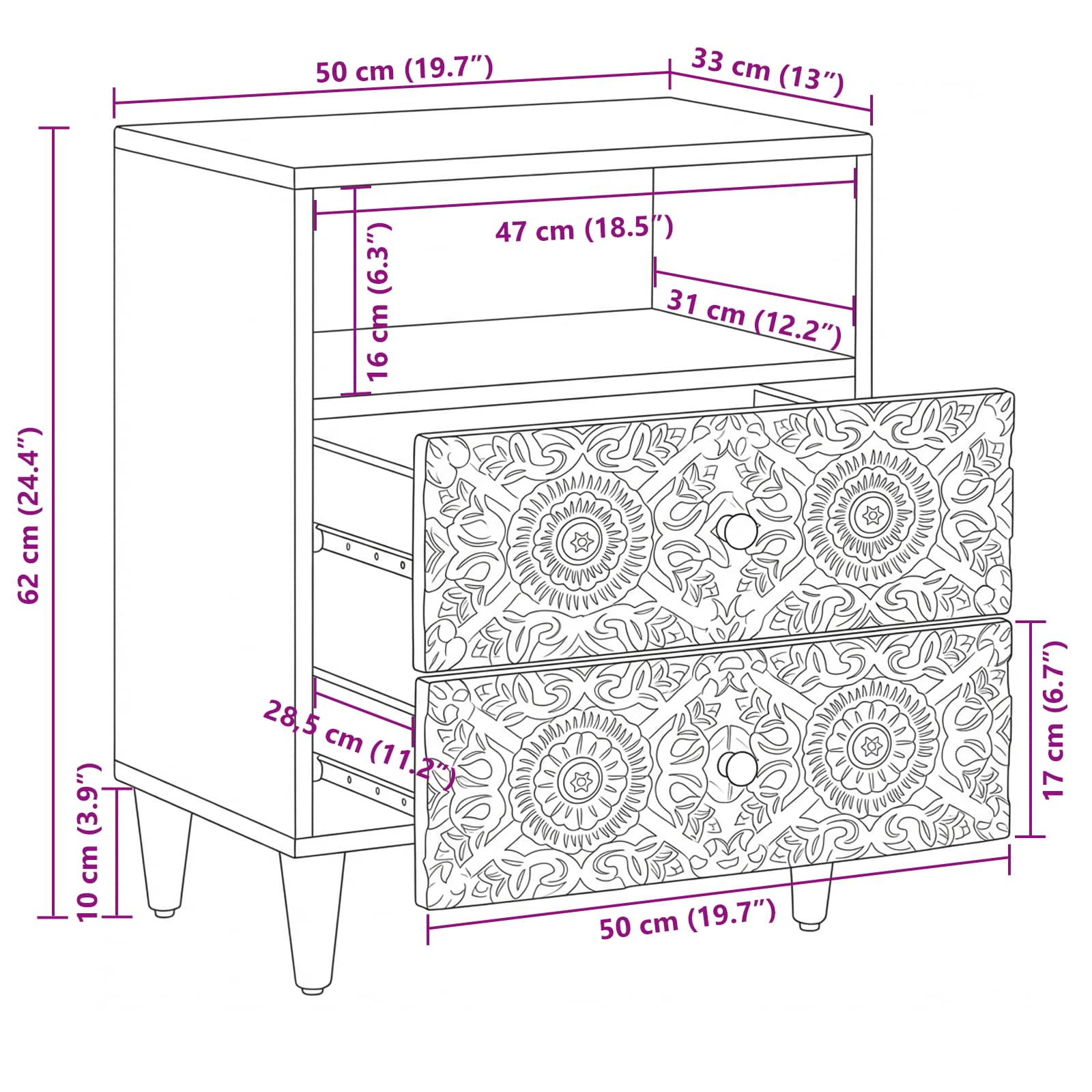 Bettkasten Braun 50 x 33 x 60 cm Massivholz Mango