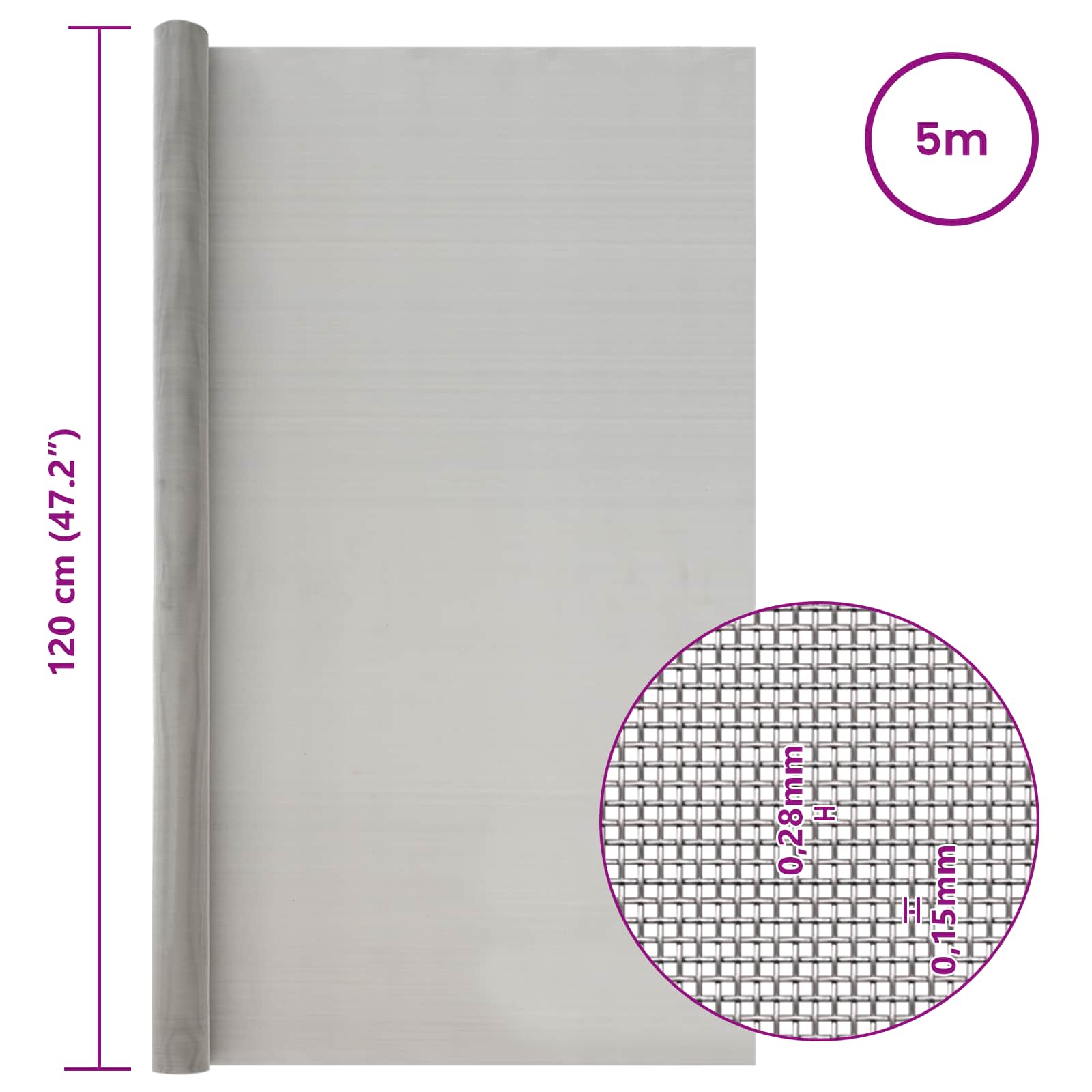 Mesh Bildschirm 20 x 500 cm 20 Mesh Edelstahl 201 Silber