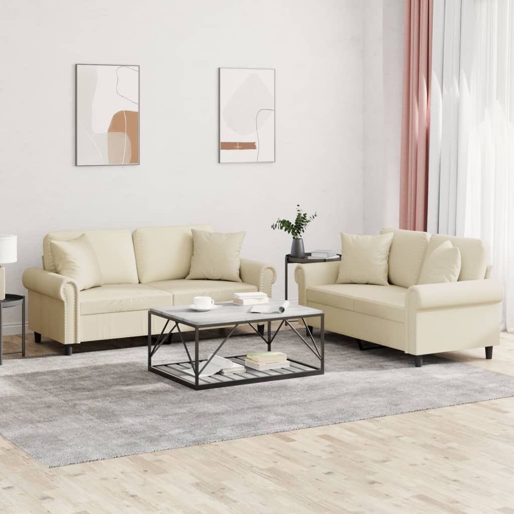 3-tlg. Sofagarnitur mit Kissen Creme Kunstleder