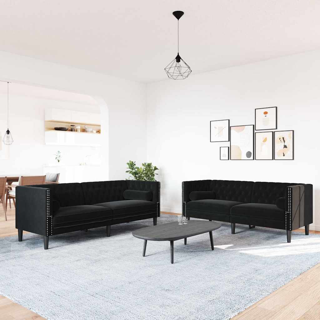 3-tlg. Chesterfield-Sofa-Set mit Nackenrollen Hellgrau Samt