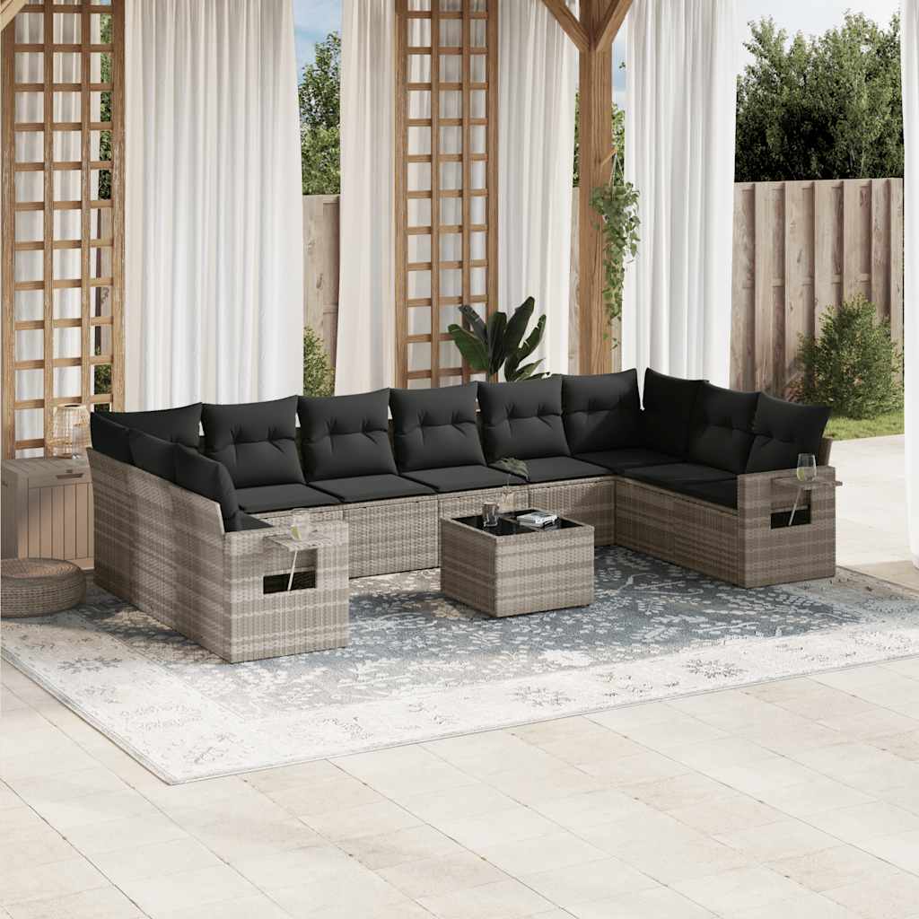 10-tlg. Garten-Sofagarnitur mit Kissen Schwarz Poly Rattan