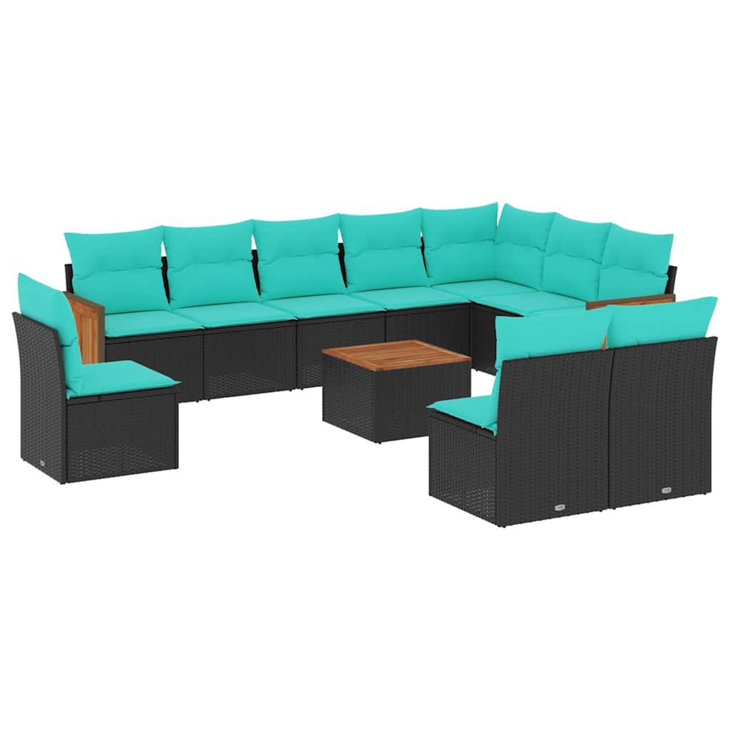 10-teiliges Gartensofa-Set mit Kissen, schwarzes Polyrattan