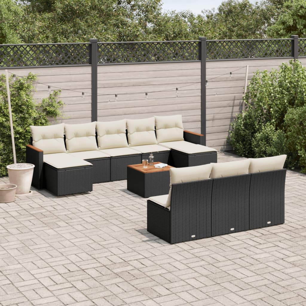 10-tlg. Garten-Sofagarnitur mit Kissen Schwarz Poly Rattan
