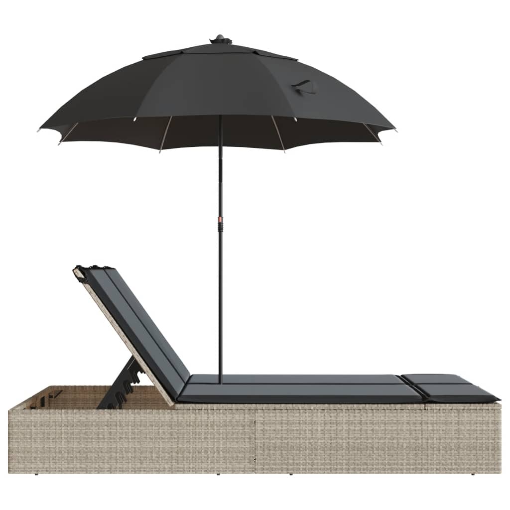 Doppel-Sonnenliege mit Kissen&Sonnenschirm Schwarz Poly Rattan