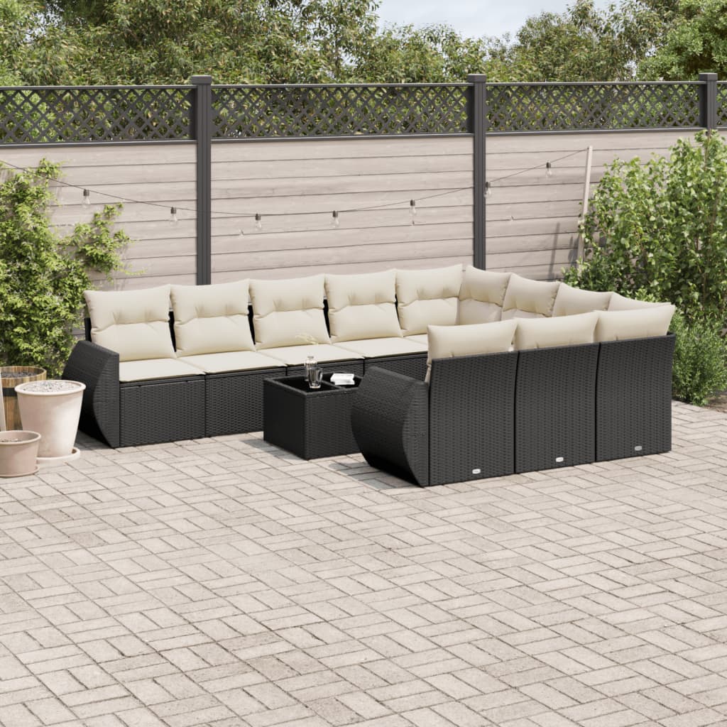 10-tlg. Garten-Sofagarnitur mit Kissen Schwarz Poly Rattan
