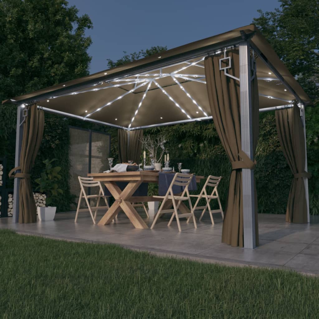 Pavillon mit Vorhängen & LED-Lichterkette 300x300 cm Creme Alu