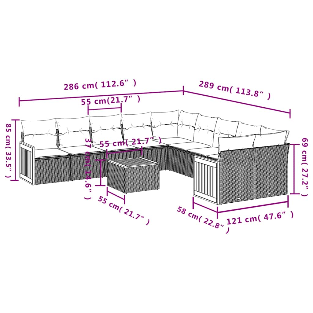 10-teiliges Gartensofa-Set mit Kissen, schwarzes Polyrattan