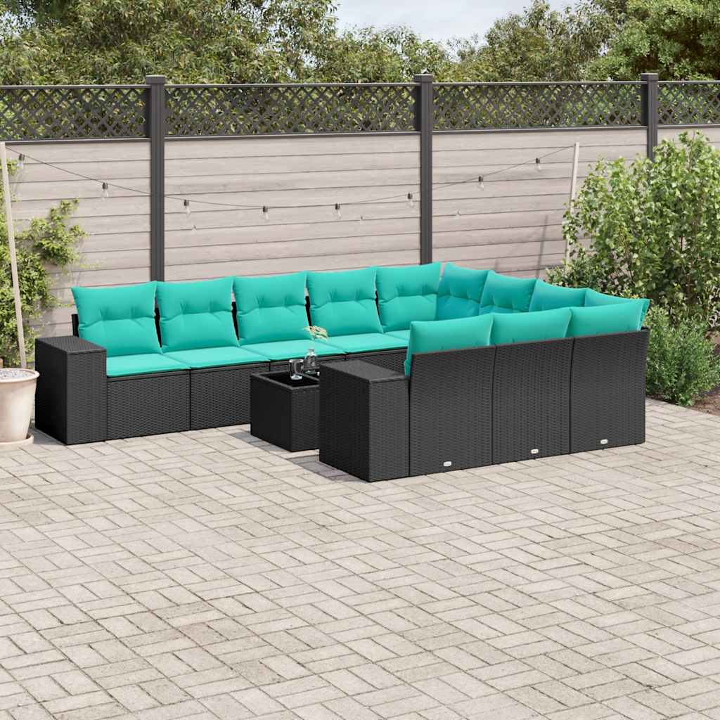 10-teiliges Gartensofa-Set mit Kissen, schwarzes Polyrattan