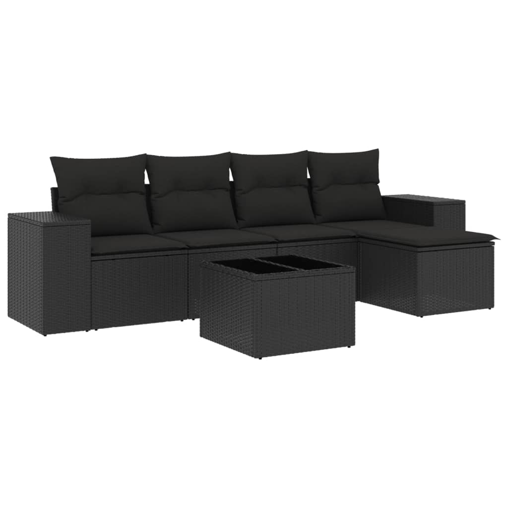 5-tlg. Garten-Sofagarnitur mit Kissen Schwarz Poly Rattan