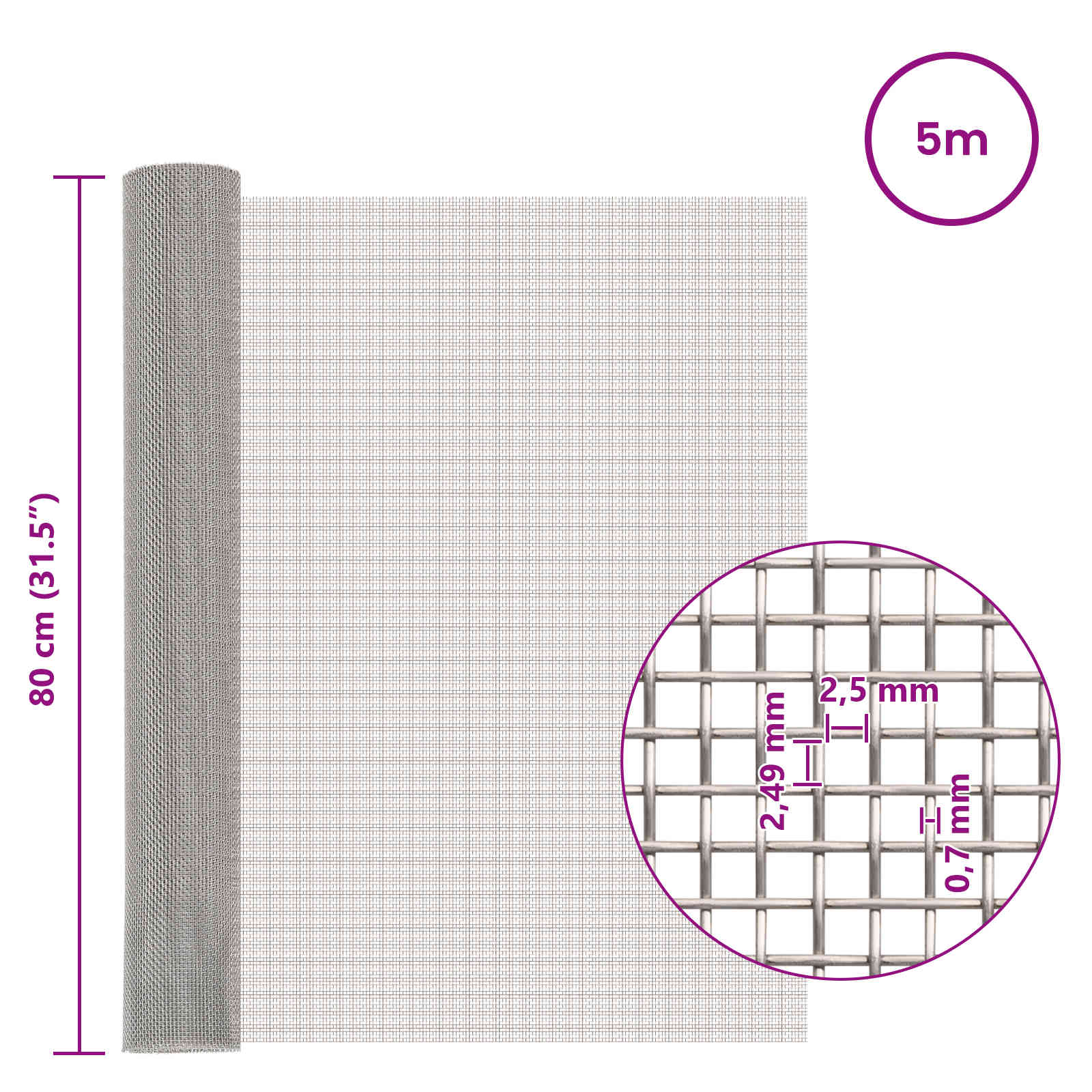 Mesh Bildschirm 20 x 500 cm 20 Mesh Edelstahl 201 Silber