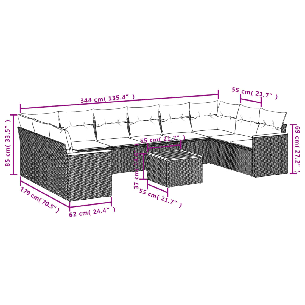 10-tlg. Garten-Sofagarnitur mit Kissen Schwarz Poly Rattan