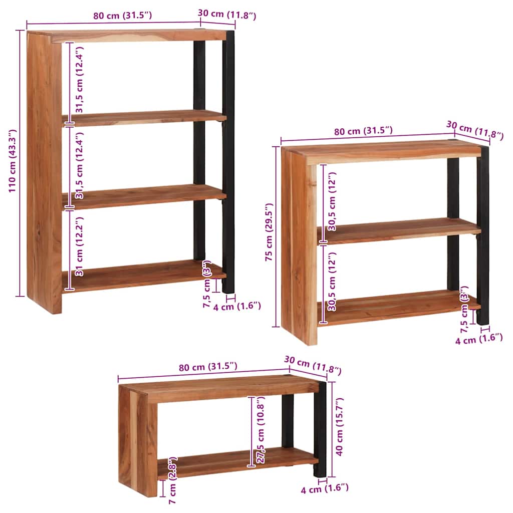 Bücherregal 3 pcs Braun 50 x 30 x 110 cm Massivholz Akazie