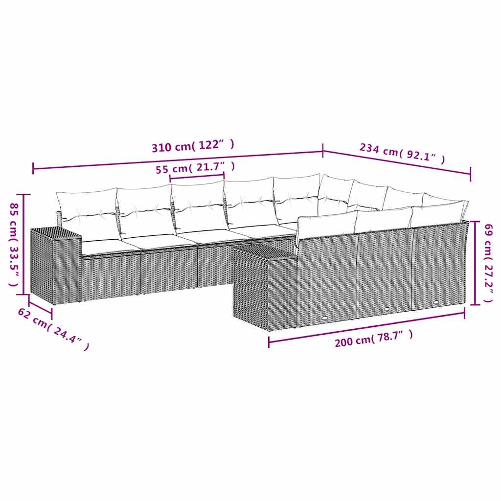 10-teiliges Gartensofa-Set mit Kissen, schwarzes Polyrattan
