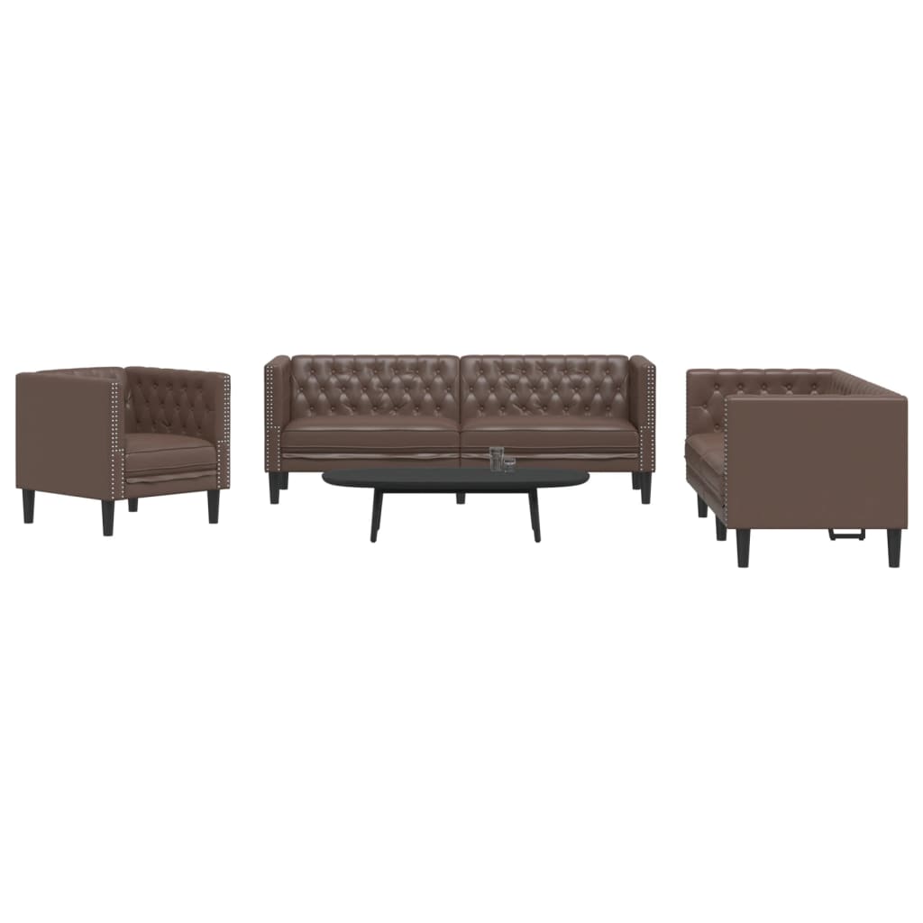 3-tlg. Chesterfield-Sofa-Set Schwarz Kunstleder