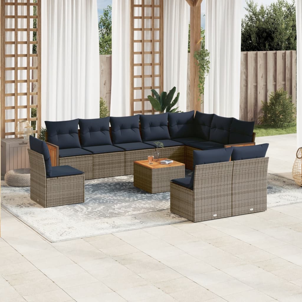 10-teiliges Gartensofa-Set mit Kissen, schwarzes Polyrattan