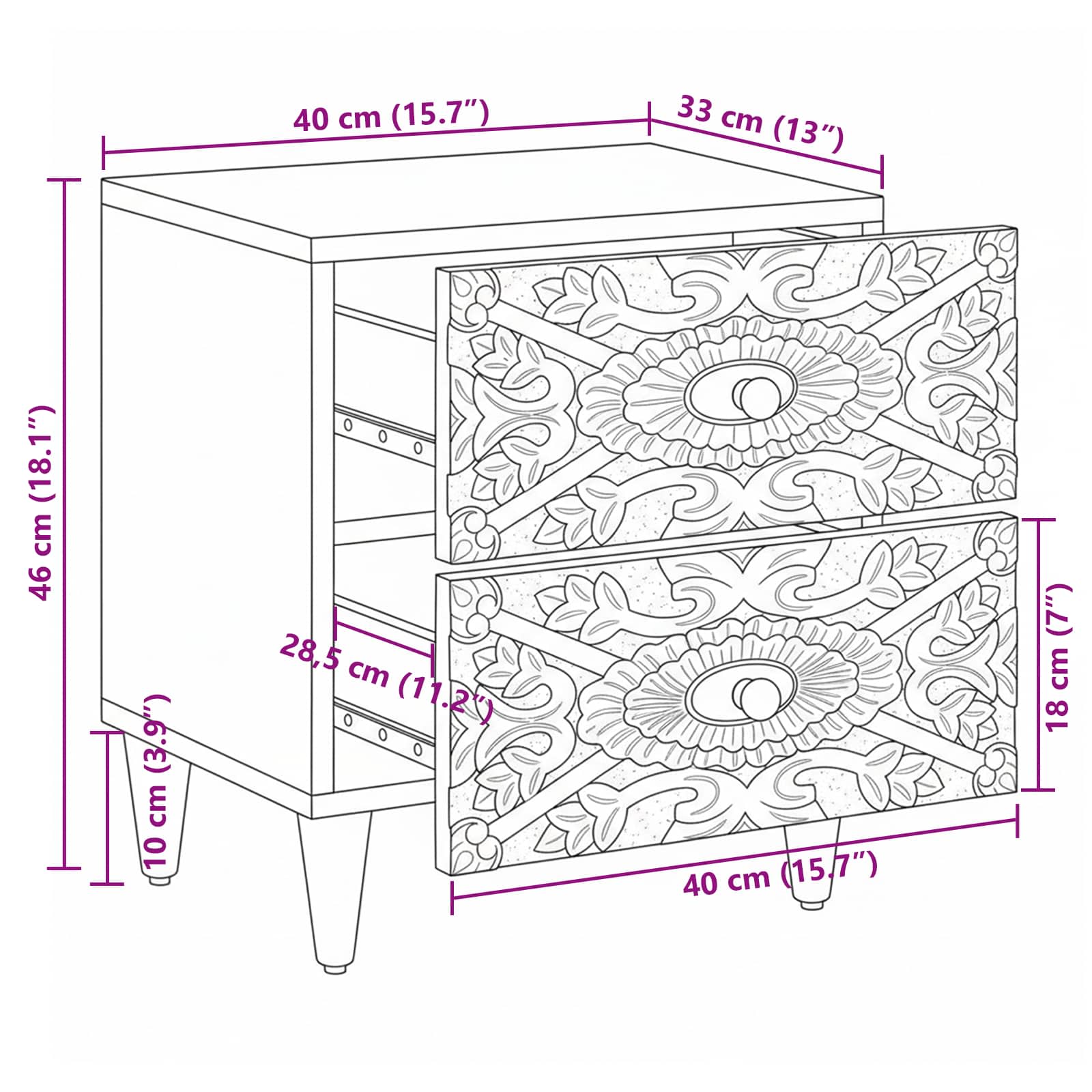 Nachttisch Braun 40 x 33,5 x 46 cm Massivholz Mango