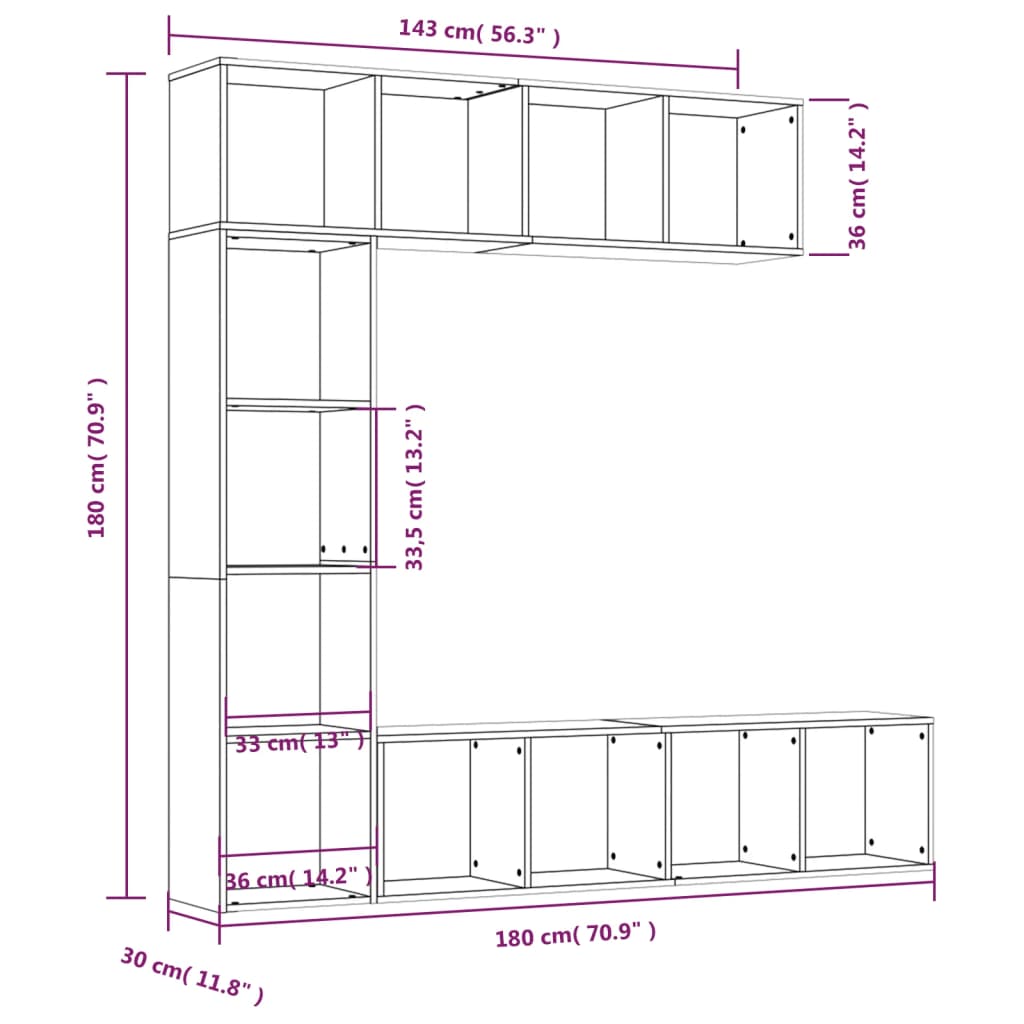 3-tlg. Bücher-/TV-Schrank Set Weiß 180×30×180 cm