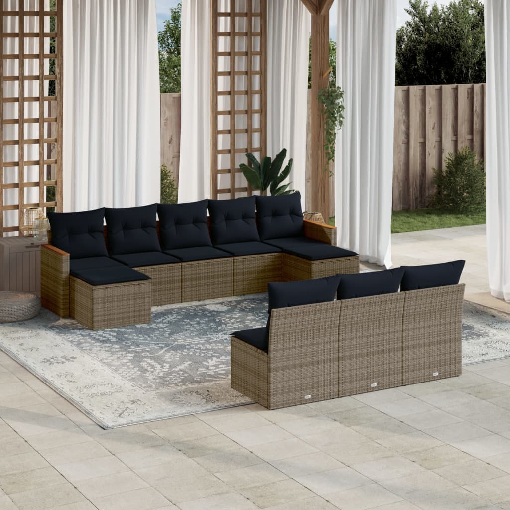 10-teiliges Gartensofa-Set mit Kissen, schwarzes Polyrattan