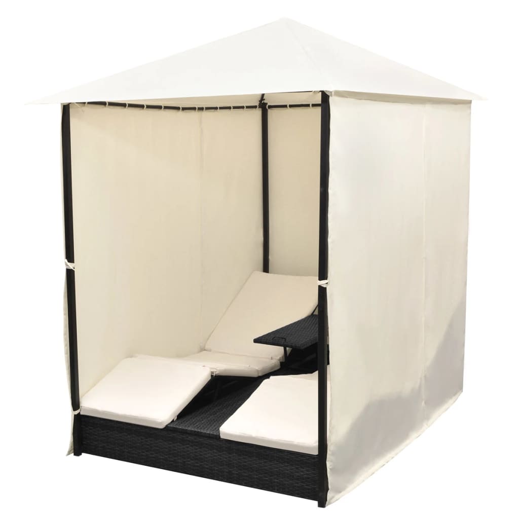Doppel-Sonnenliege mit Vorhang Poly Rattan Braun
