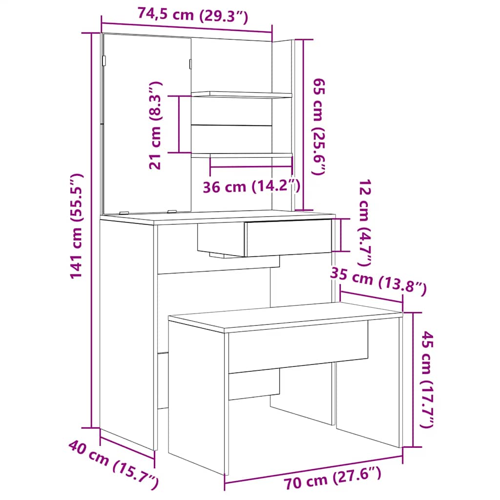 Schminktisch-Set Weiß 74,5x40x141 cm