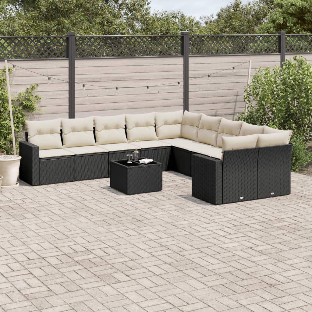 10-tlg. Garten-Sofagarnitur mit Kissen Schwarz Poly Rattan