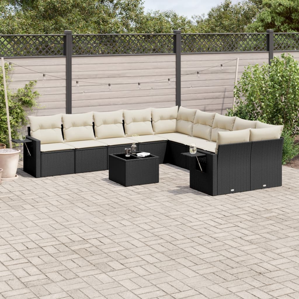10-tlg. Garten-Sofagarnitur mit Kissen Schwarz Poly Rattan