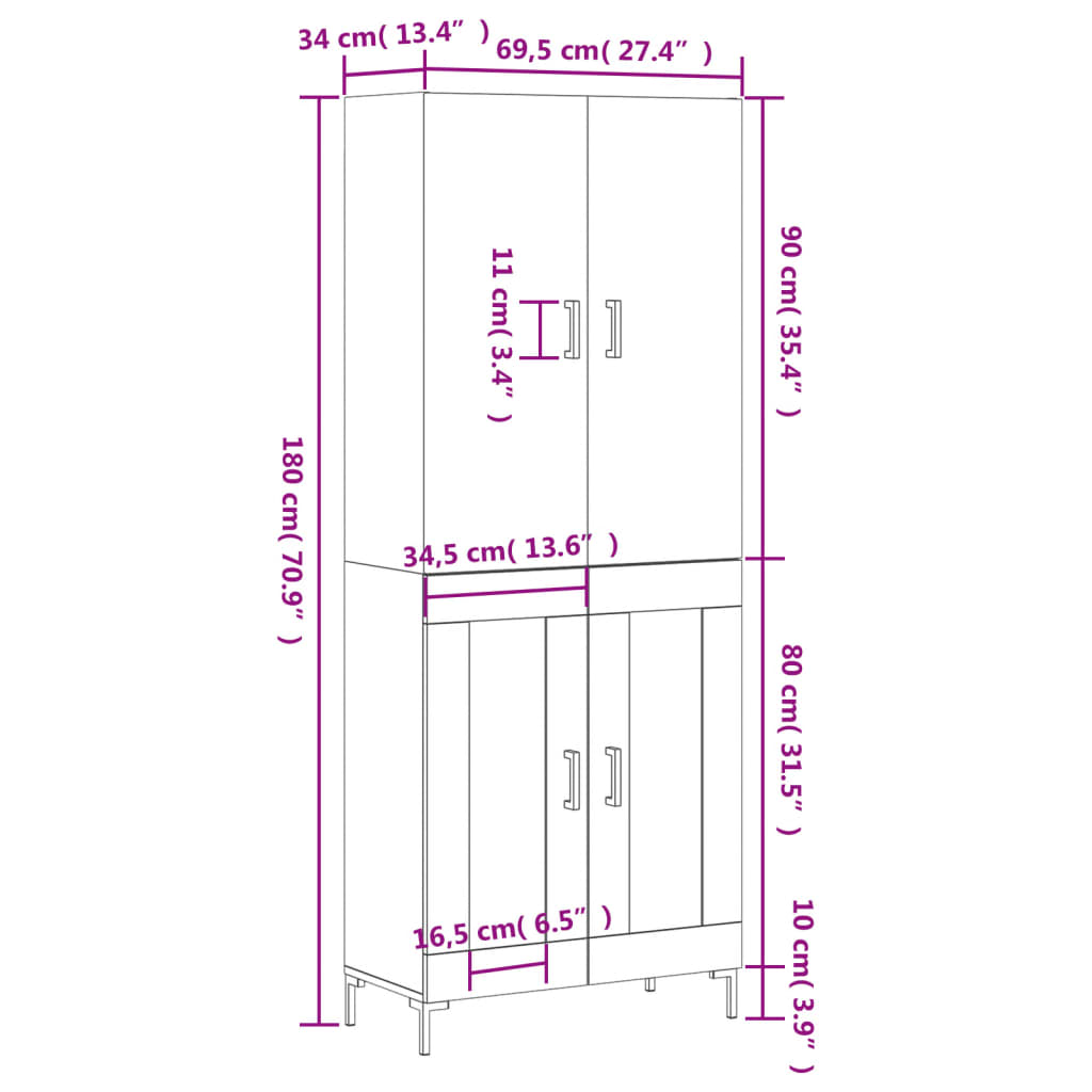 Highboard Betongrau 69,5x34x180 cm Holzwerkstoff