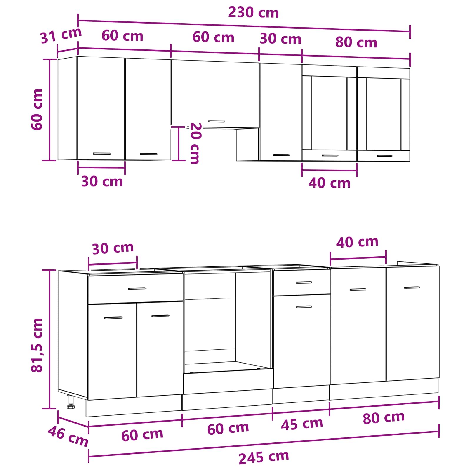 8-tlg. Küchenzeile Lyon Weiß Holzwerkstoff