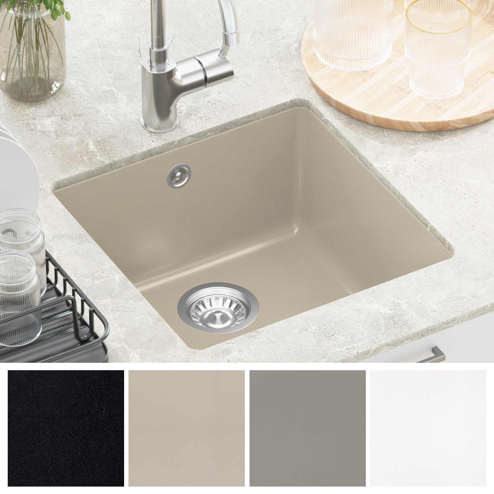 Waschbecken Schwarz 370 x 460 mm 80% Quarz und 20% Harz