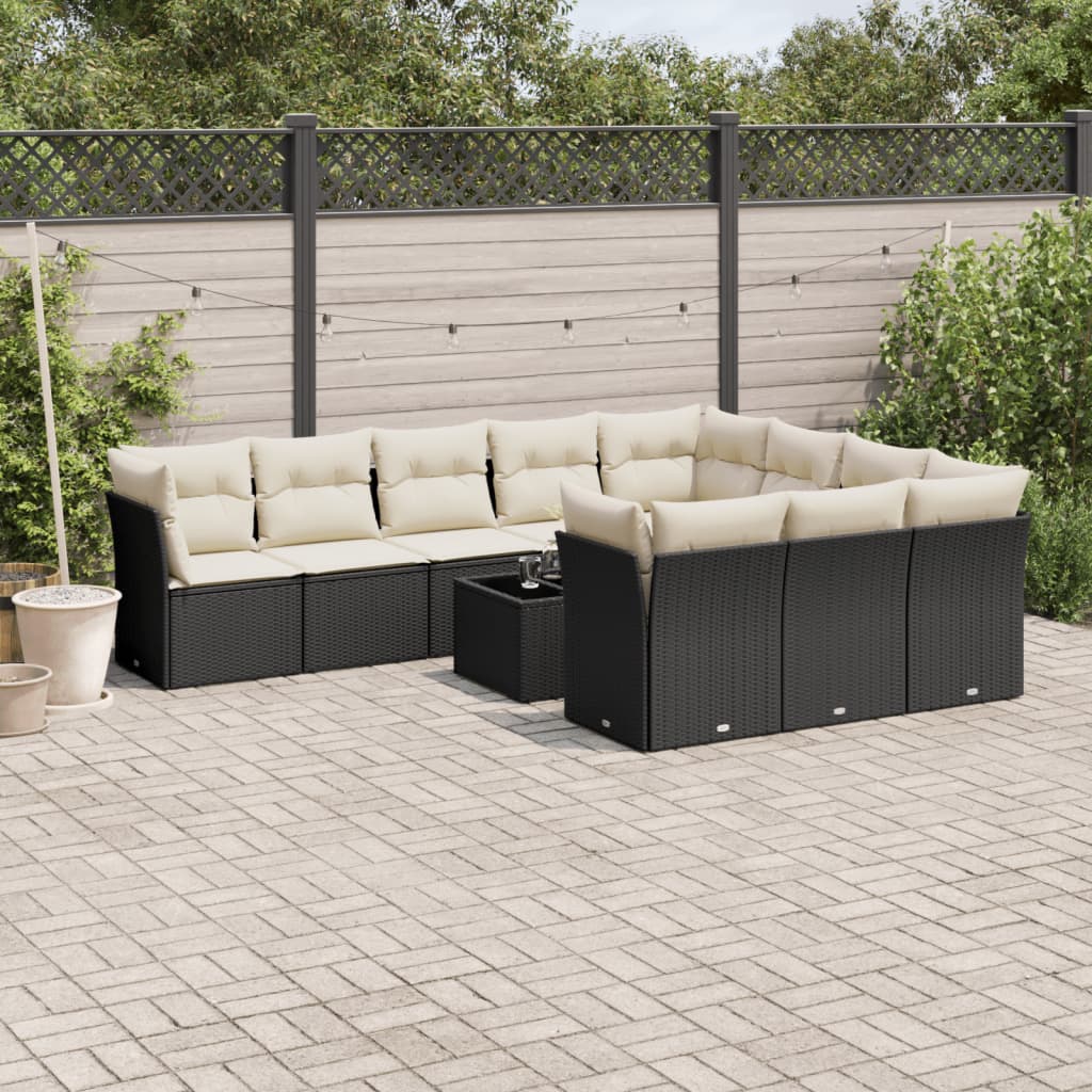 10-tlg. Garten-Sofagarnitur mit Kissen Schwarz Poly Rattan