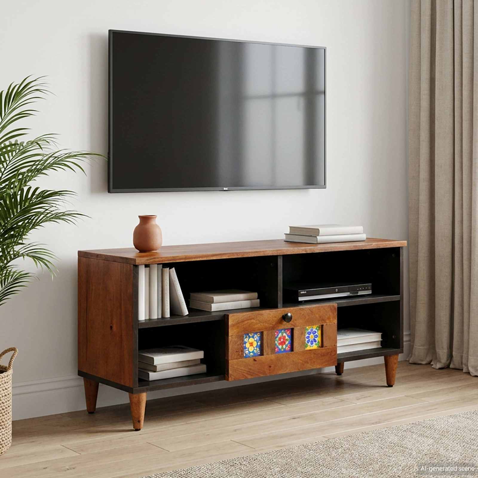 TV-Schränk mit Regal Walnuss 100 x 33 x 46 cm Massivholz Mango