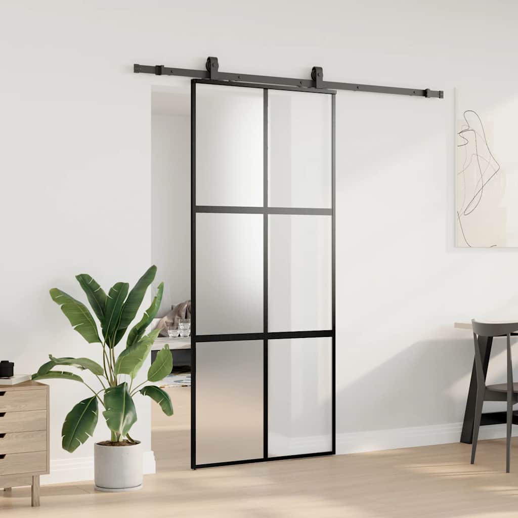 Schiebetür mit Beschlag Schwarz 76x205 cm Hartglas