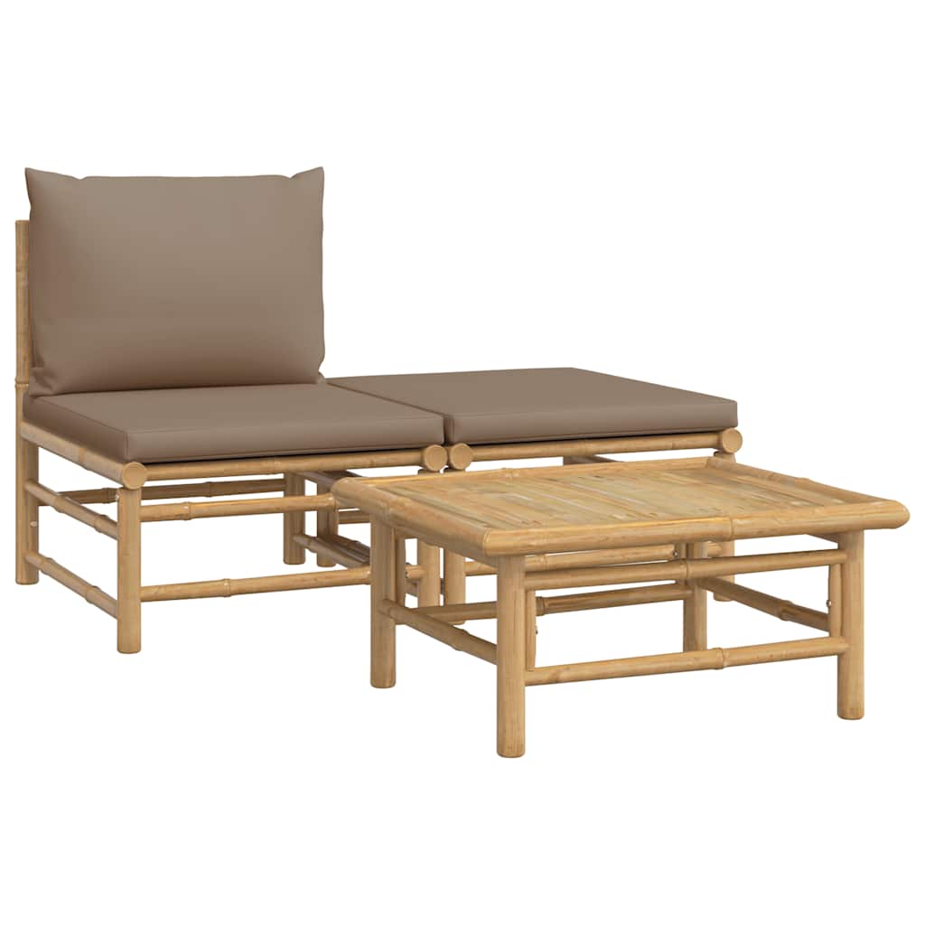 3-tlg. Garten-Lounge-Set mit Hellgrauen Kissen Bambus