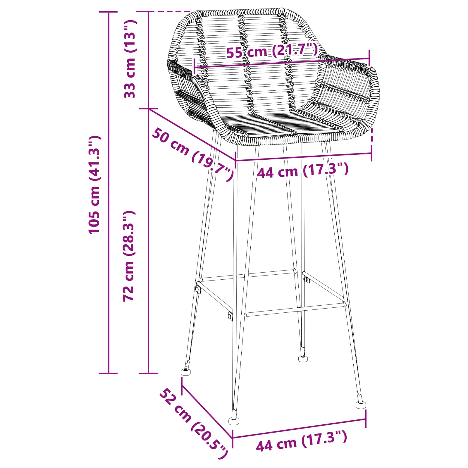 Barstuhl 2 pcs 55 x 52 x 92 cm Rattan und Eisen