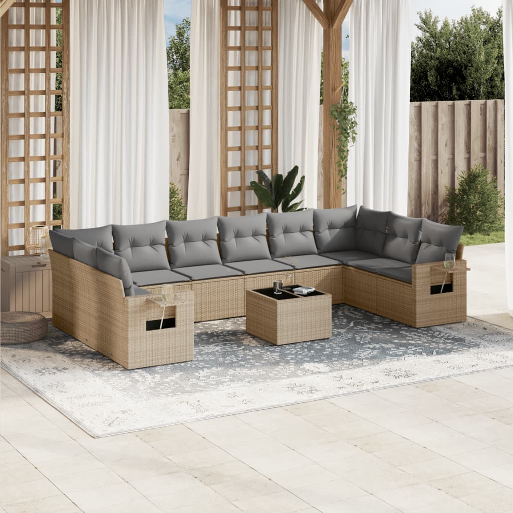 10-tlg. Garten-Sofagarnitur mit Kissen Schwarz Poly Rattan