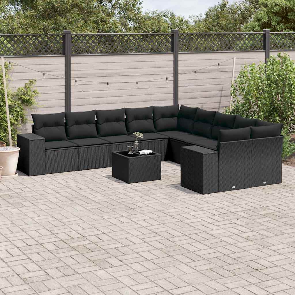 10-tlg. Garten-Sofagarnitur mit Kissen Schwarz Poly Rattan