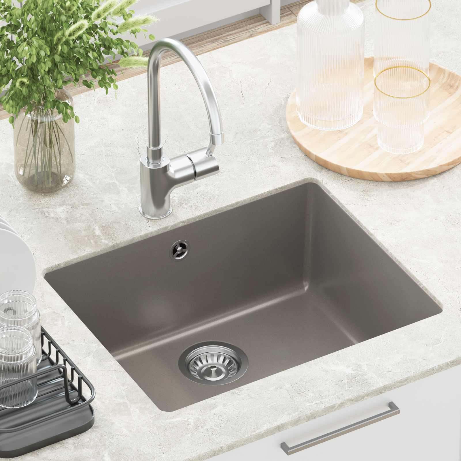 Waschbecken Schwarz 370 x 460 mm 80% Quarz und 20% Harz