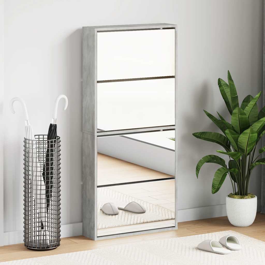 Schuhschrank mit 4 Fächern Spiegel Eiche 63×17×134 cm