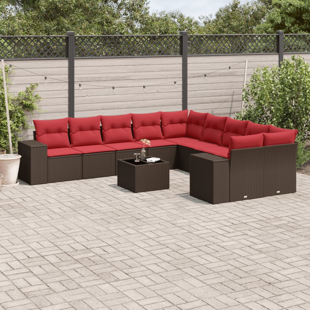 10-teiliges Gartensofa-Set mit Kissen, schwarzes Polyrattan