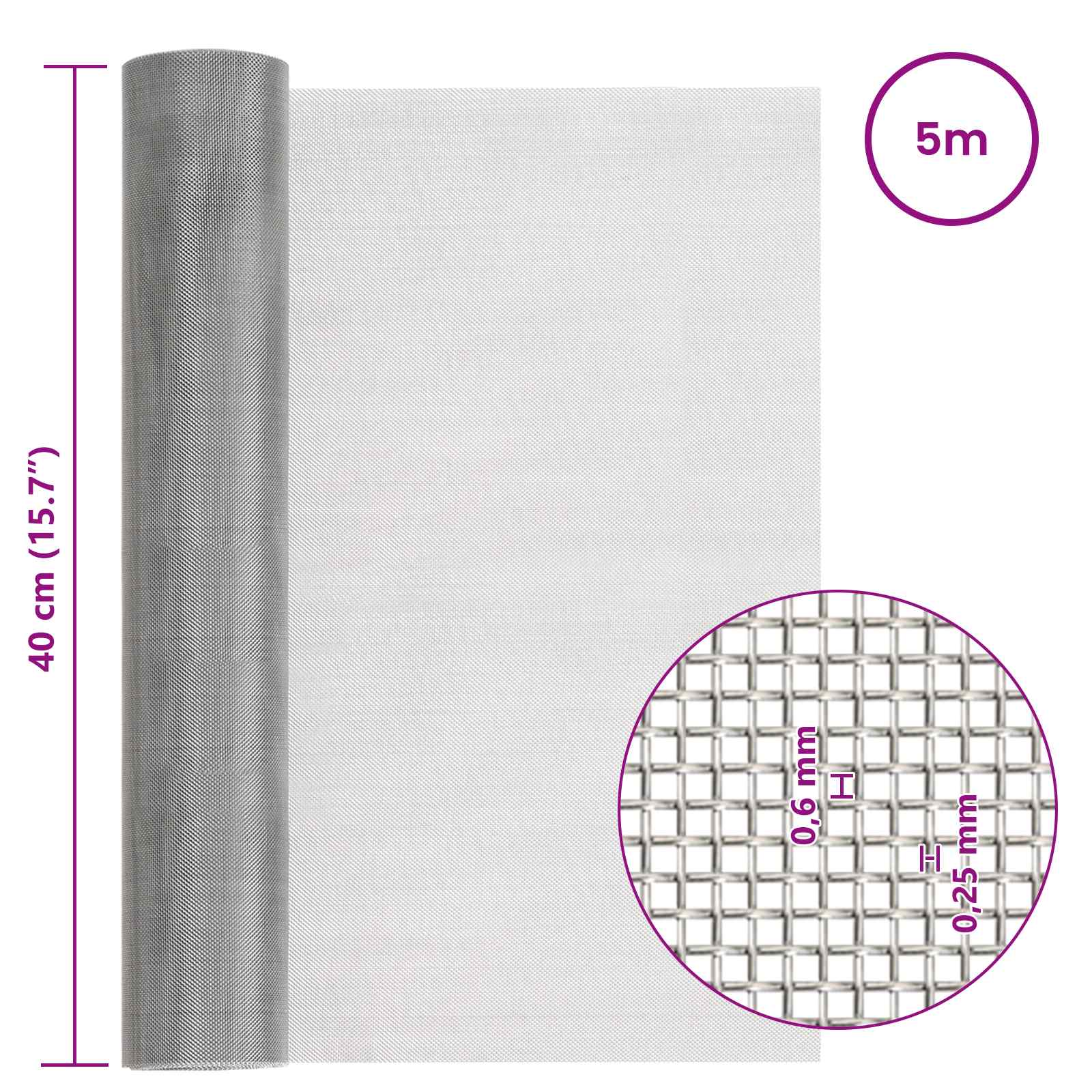 Mesh Bildschirm 20 x 500 cm 20 Mesh Edelstahl 201 Silber