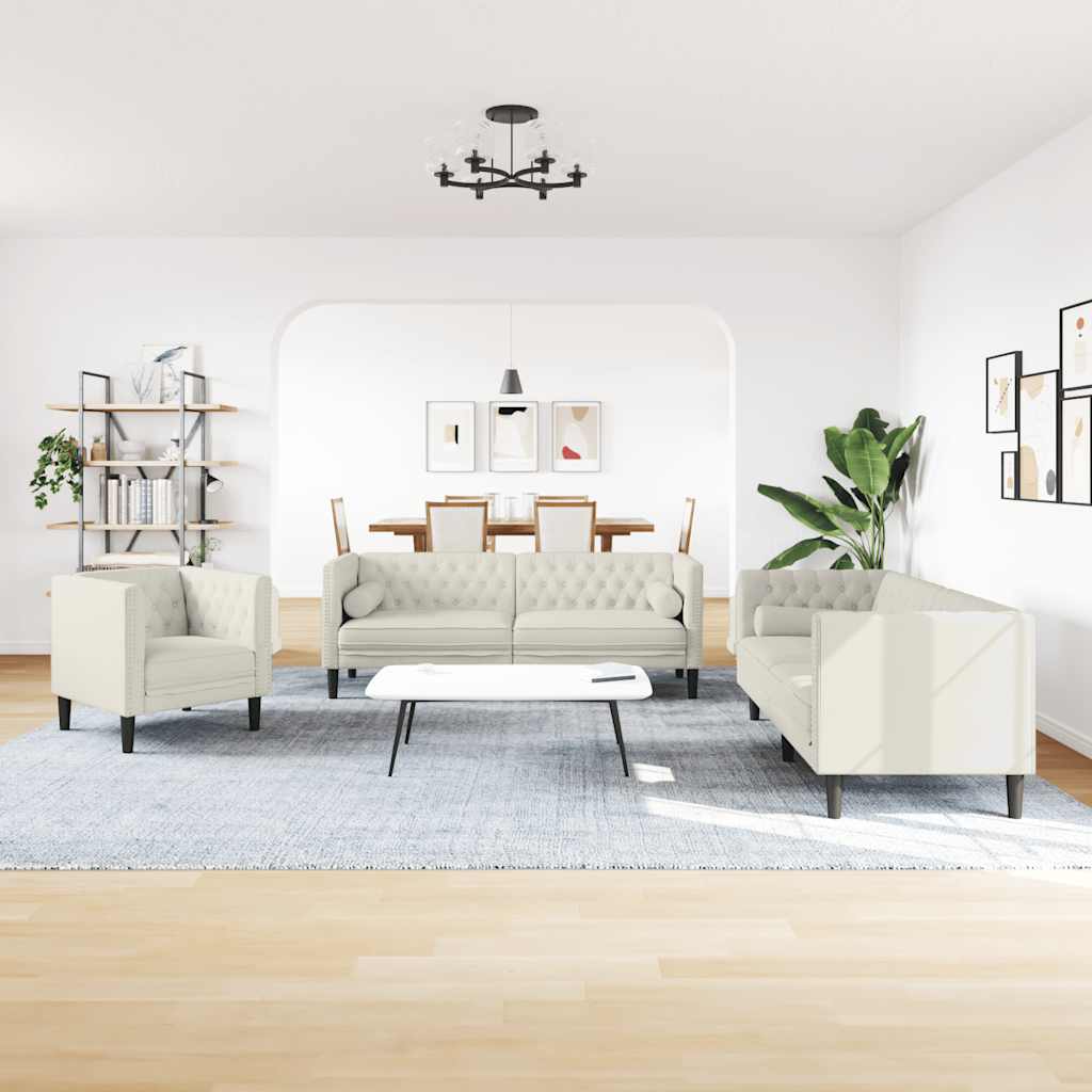 3-tlg. Chesterfield-Sofa-Set mit Nackenrollen Hellgrau Samt