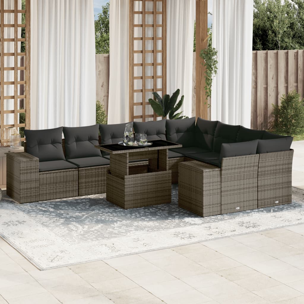 10-tlg. Garten-Sofagarnitur mit Kissen Beige Poly Rattan